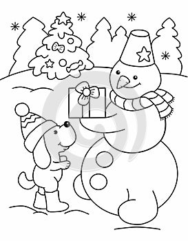 cheerful cartoon snowman with a gift and a dog, for coloring