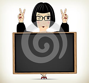 Cheerful cartoon woman poses peace sign behind blackboard