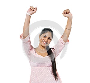 Cheerful Casual Young Woman Celebrating