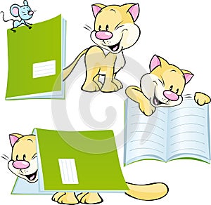 cheerful cat playing and learning with workbook - vector