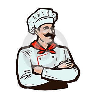 Cheerful chef in cook hat. Cooking, food concept. Cartoon vector illustration