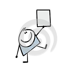 Cheerful child attracts attention, raises his hand, holds sign with an empty space for text. Vector illustration of
