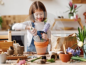 Cheerful child girl planting flower at home