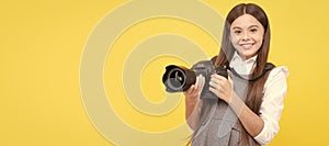 cheerful child girl take photo with digicam, photography. Child photographer with camera, horizontal poster, banner with