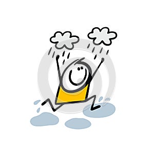 Cheerful child jumps through puddles during the rain. Vector illustration of a boy and spring cloud splashes.