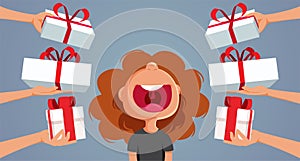 Cheerful Child Receiving Many Presents on Christmas Vector Cartoon