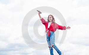 cheerful child singer singing in microphone music style, vocal