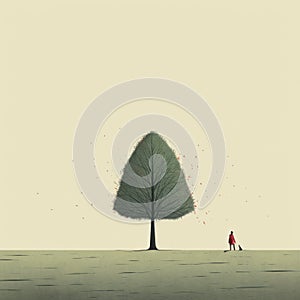 Cheerful Child Walking Beside A Big Tree In Abstract Style