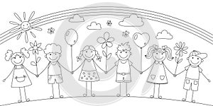 Cheerful children holding hands. Black and white linear contour drawing. Vector