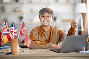 Cheerful chinese boy with laptop and foreign flags