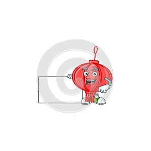 Cheerful chinese lampion cartoon character having a board