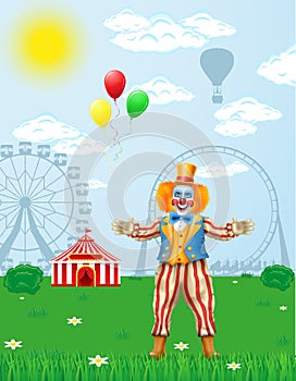 cheerful clown actor and circus character vector illustration