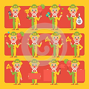 Cheerful clown in different poses and emotions Pack 1. Big character set