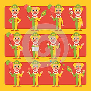 Cheerful clown in different poses and emotions Pack 2. Big character set