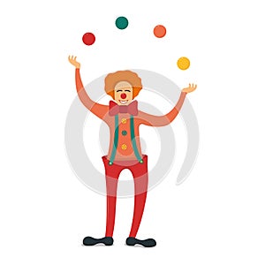Cheerful clown stand juggling color ball, character male jester isolated on white, flat vector illustration. Circus performance
