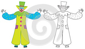 Cheerful clown welcomes, colorful and coloring book. Vector illustration