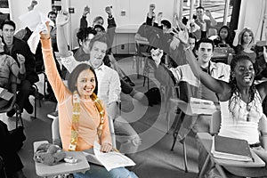 Cheerful College Students In Classroom