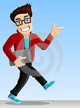 Cheerful Computer Geek - Pointing while Walking