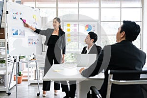 A cheerful and confident Asian businesswoman stands, present and point with a pen to bar charts data from a whiteboard.