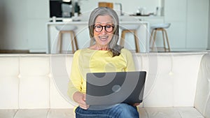 Cheerful confident senior woman using laptop for video connection, remote meeting