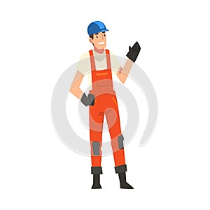 Cheerful Construction Worker, Male Builder Character Wearing Uniform and Protective Helmet Building House Cartoon Vector