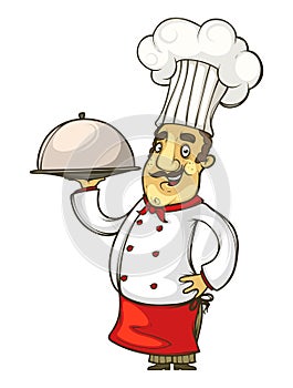 Cheerful cook in a red apron and tie