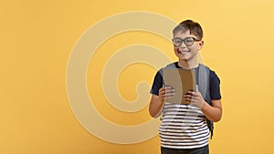 Cheerful cool preteen kid schooler using digital tablet, copy space