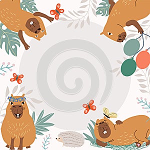 Cheerful copybara in corners of stylish frame for holiday card dedicated to cute tropical animal