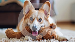 Cheerful corgi happily brings its cherished soft toy to engage with delighted owner