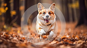 A cheerful corgi puppy quickly runs through the fallen autumn leaves. Walking with a dog in a park or forest