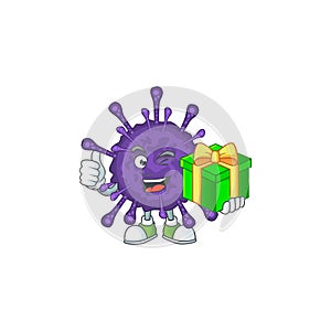 Cheerful coronavirinae cartoon character holding a gift box