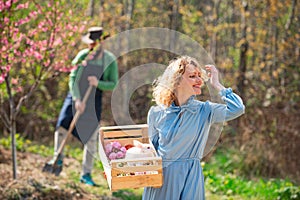 Cheerful couple of farmers standing in vegetable garden. Fresh organic vegetables from the farm. A pair of farms working