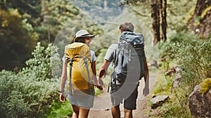 Cheerful couple of hikers in casual clothes with backpacks walking on path in forest and smiling during hiking trip. Generative AI