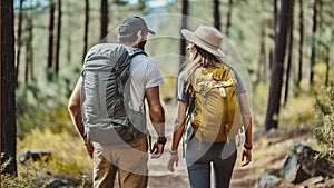 Cheerful couple of hikers in casual clothes with backpacks walking on path in forest and smiling during hiking trip. Generative AI