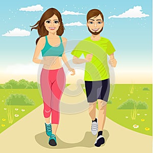 Cheerful couple running outdoors