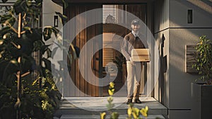 a cheerful courier delivering a package at the doorstep of a home, portrayed in stunning high definition and