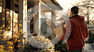 a cheerful courier delivering a package at the doorstep of a home, portrayed in stunning high definition and