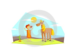 Cheerful Cowboy Character and Horse in Desert Landscape Vector illustration