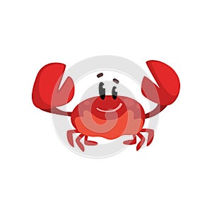 Cheerful crab character with claws raised, cute sea creature with funny face vector Illustration on a white background