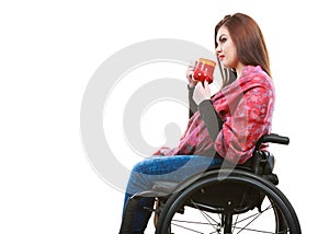 Cheerful crippled lady on wheelchair.