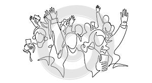 Cheerful crowd cheering illustration. Hands up. Group of applause people continuous one line vector drawing.