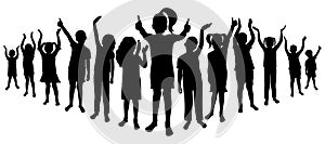 Cheerful crowd of children. Silhouettes of saluting, applauding, happy boys and girls in full growth. Vector illustration