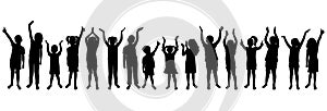 Cheerful crowd of children. Silhouettes of saluting, applauding, thumb up. Happy boys and girls in full growth. Vector