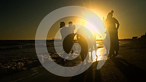 Cheerful crowd dancing on the beach. They jump in the sun. People are having fun. They are happy. Silhouettes of people