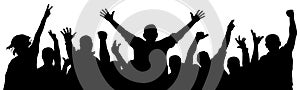 Cheerful crowd of people cheering applause. Fan happy people. Party disco concert sport. Silhouette vector illustration