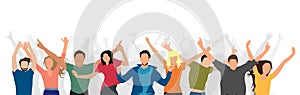 Cheerful crowd of people enjoy success, winning, victory, etc. Vector illustration. Applied clipping mask