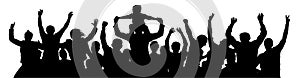 Cheerful crowd people silhouette. Child sits on the neck of a man. Applause people hands up. Vector Illustration party celebrating