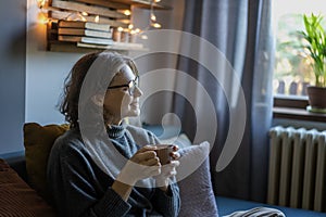 Cheerful curly young woman in warm sweater glasses enjoying a mug of tea while sitting on the sofa at home