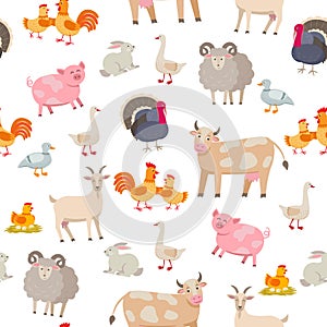 Cheerful cute farm animals seamless pattern. Domestic animals cartoon characters isolated on white background in flat