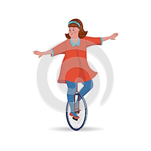 Cheerful cute girl is riding a unicycle